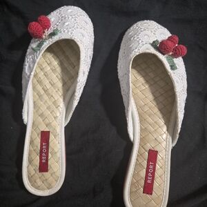 Report Cream Lace Mules with Red Floral Accents